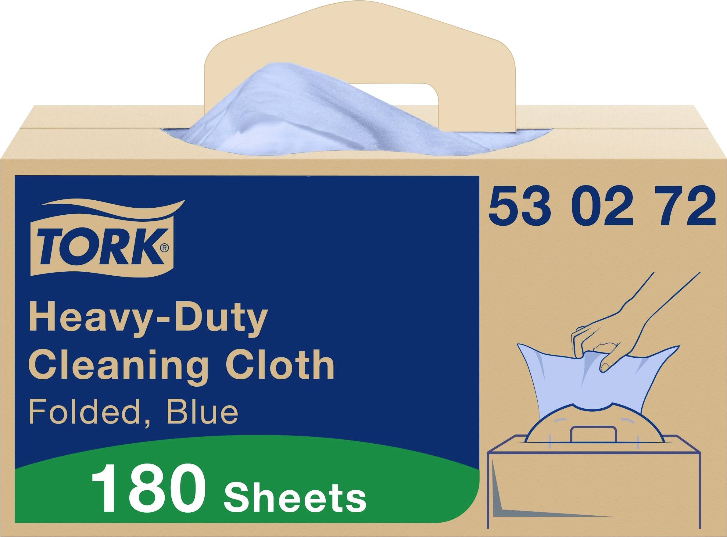 A carton of 180 blue, heavy-duty cleaning cloths by Tork. A hand pulls a cloth from the dispenser. Article number 53 02 72.