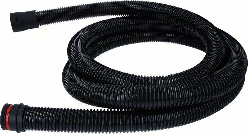 A long, black spiral hose used for dust extraction or suction in various cleaning devices.