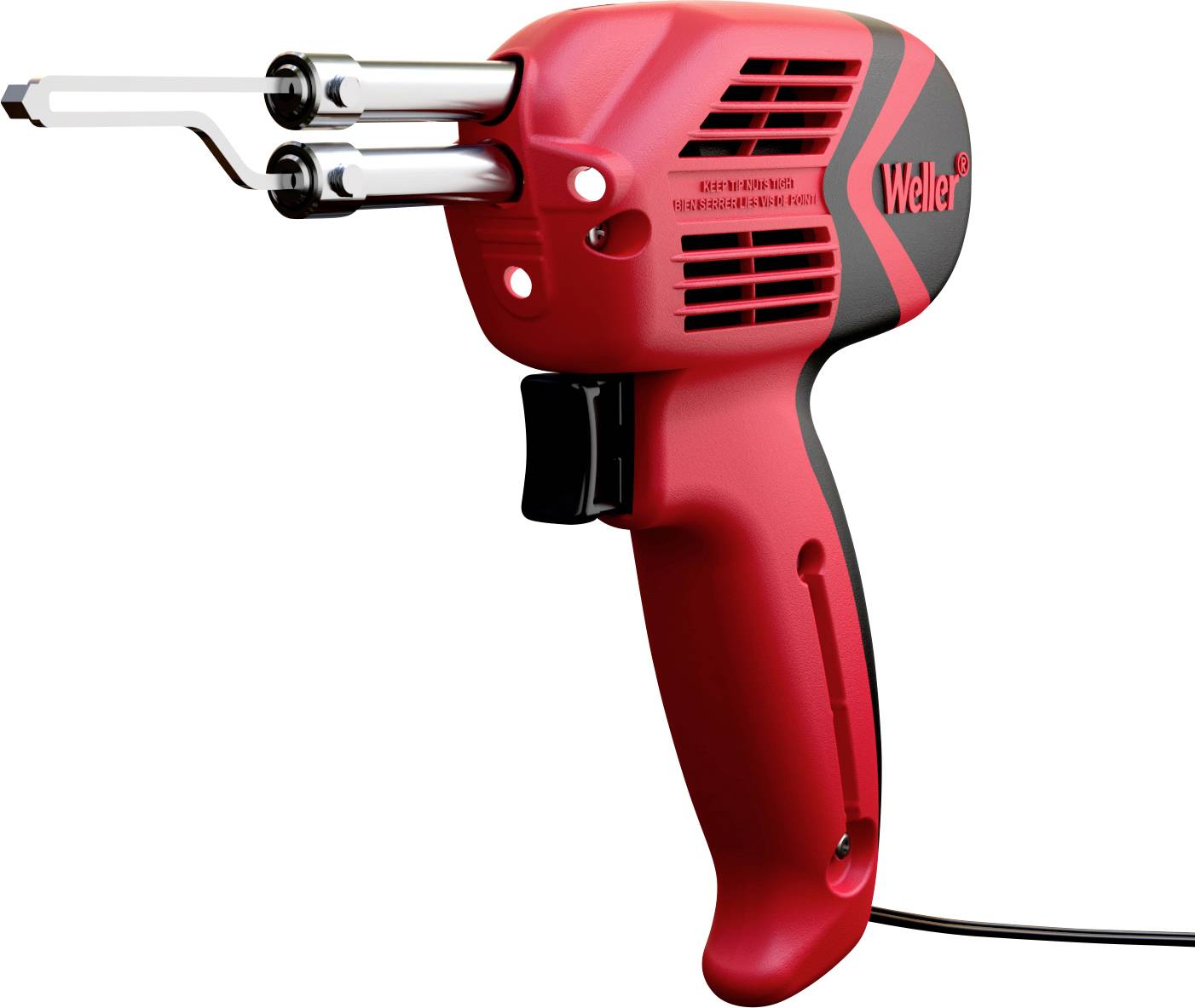 A red, handheld soldering iron gun with a black grip and two soldering tips, suitable for electronic work.