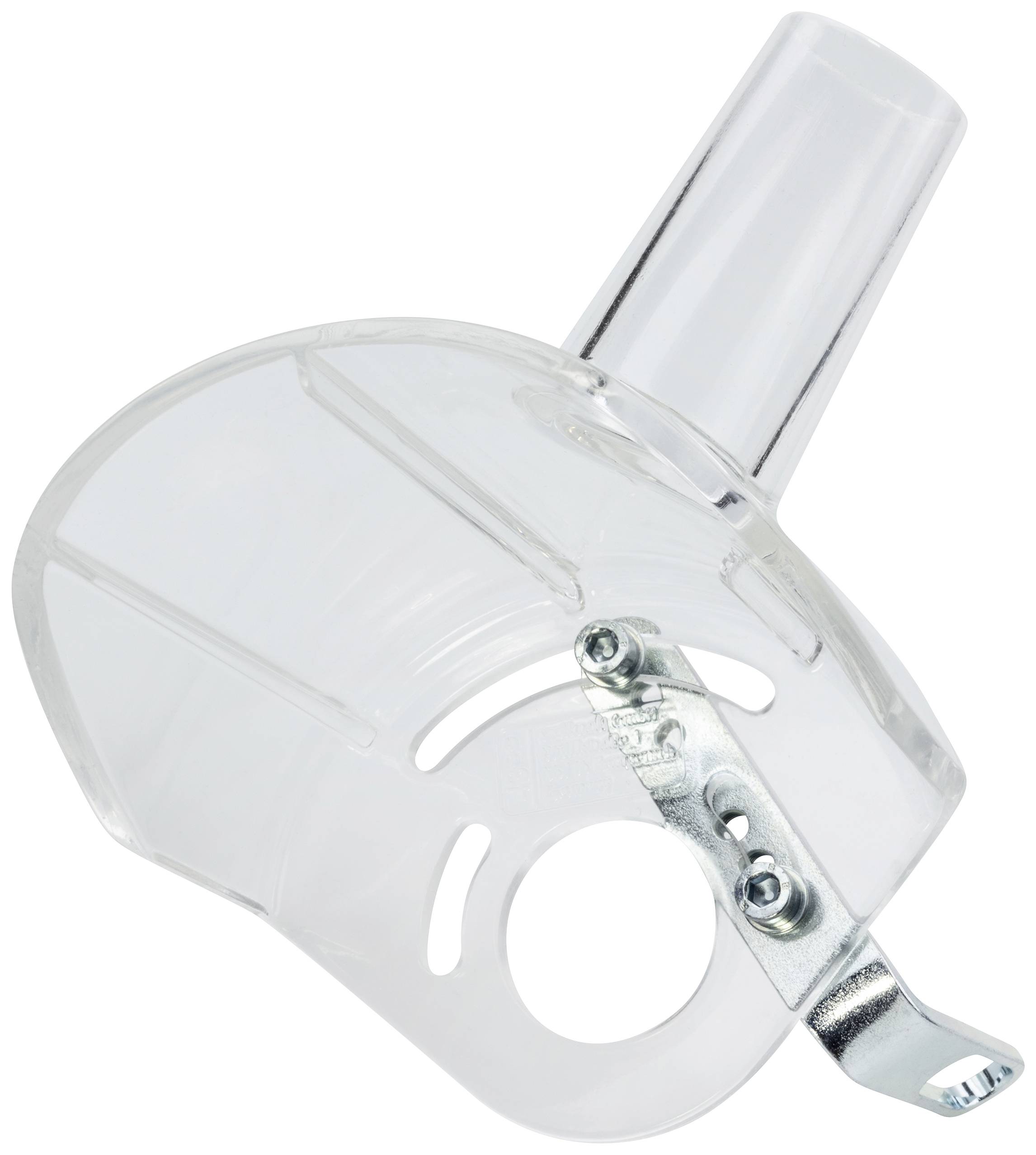 Transparent plastic protective guard with metal clip, used for safety with electrical power tools.