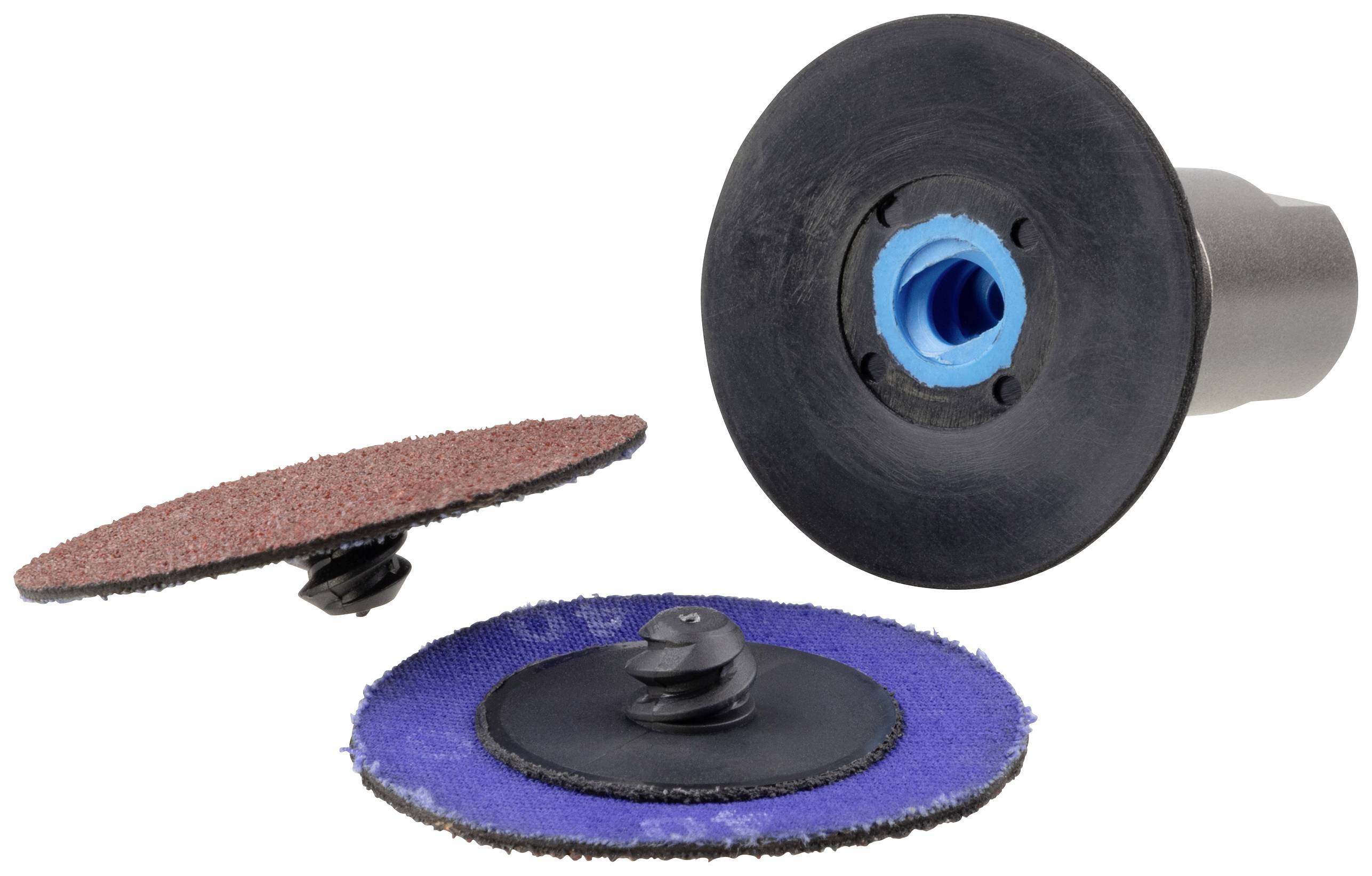 Grinding discs and attachment for an angle grinder, consisting of black plastic and a disc with a red grinding surface.