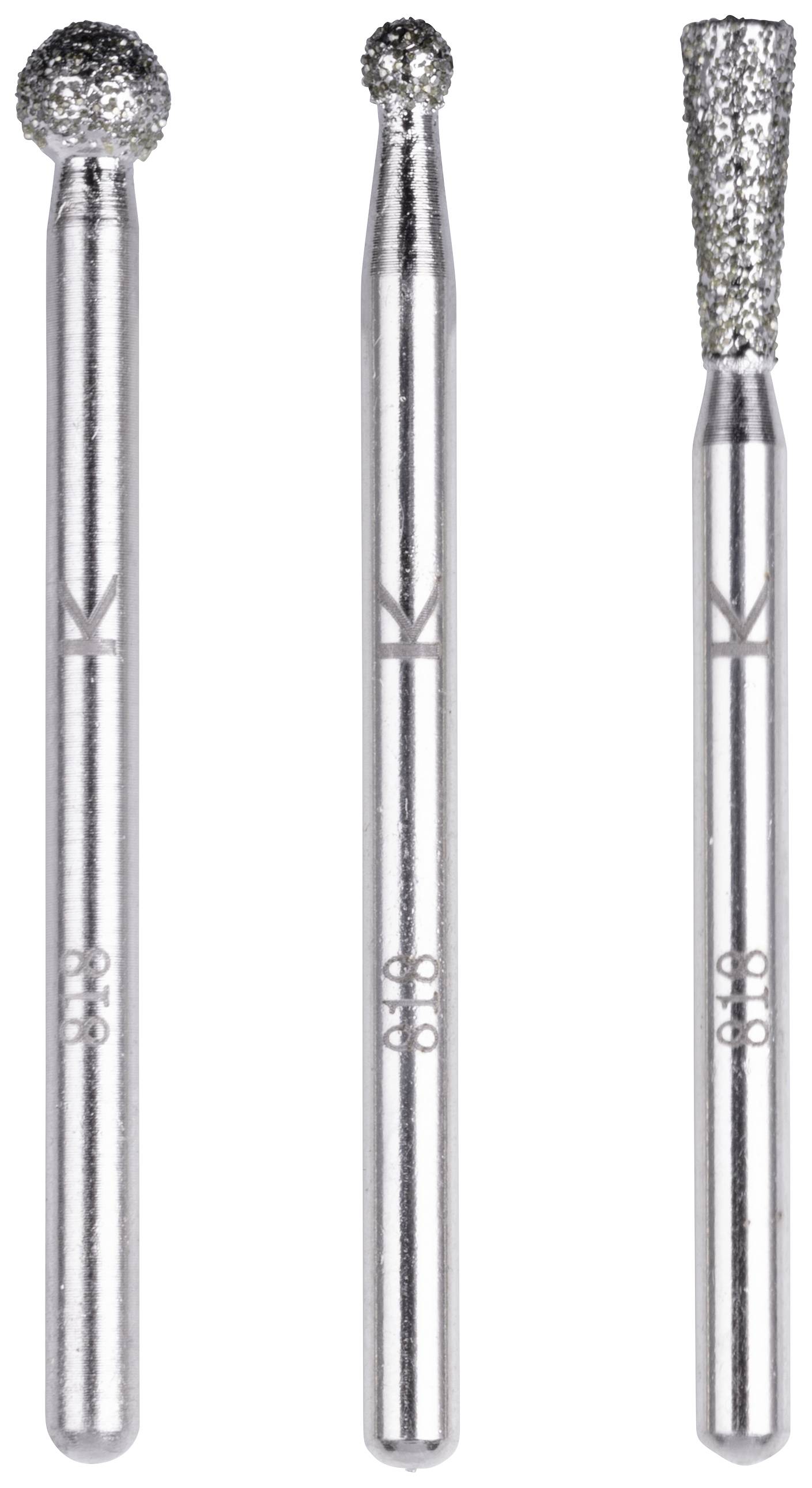 Three dental instruments with diamond-coated tips, each of a different shape: spherical, round, and conical.