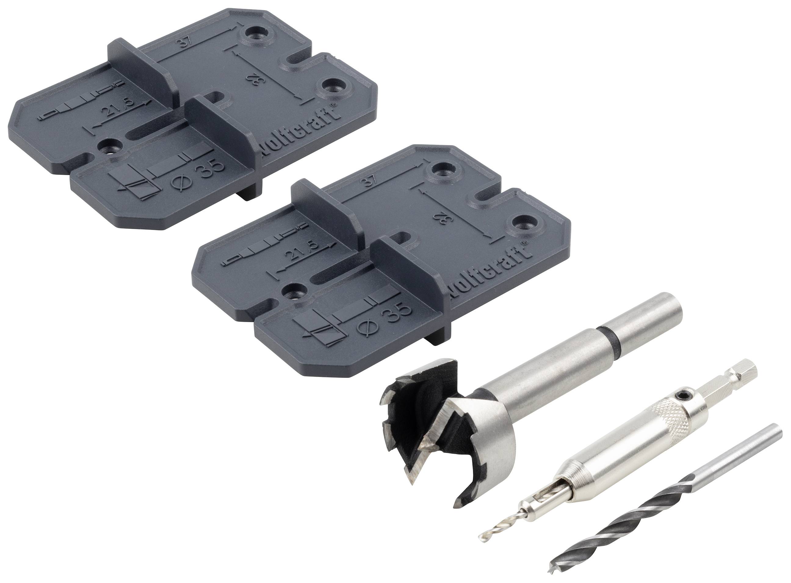 Two drill templates and a drill set with Forstner drill bit and countersink, used for precise drilling in DIY projects.
