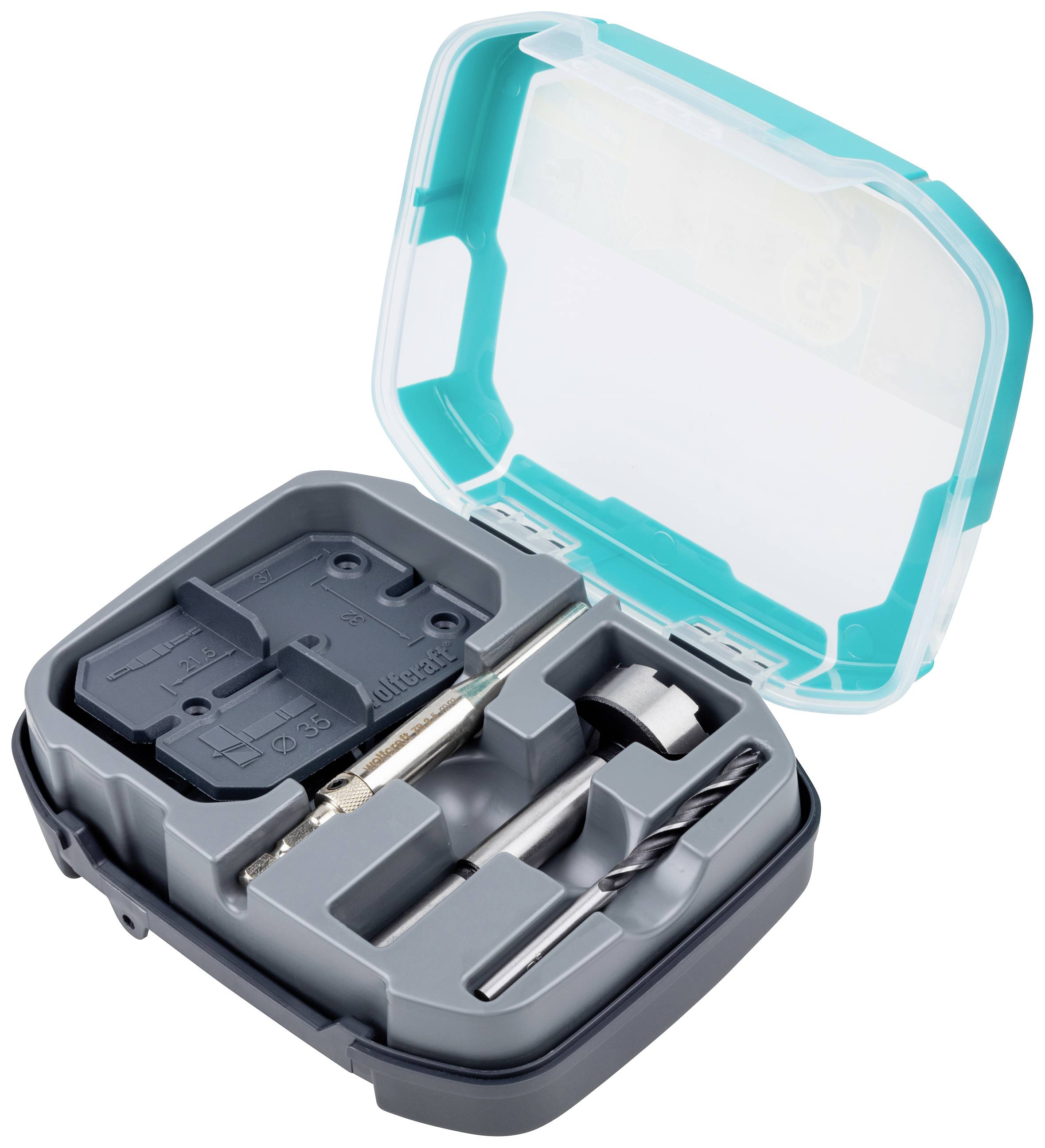 Drill Tool Kit in an open plastic case. Contains drill bits, screwdriver bits and adapters, organised in individual compartments.
