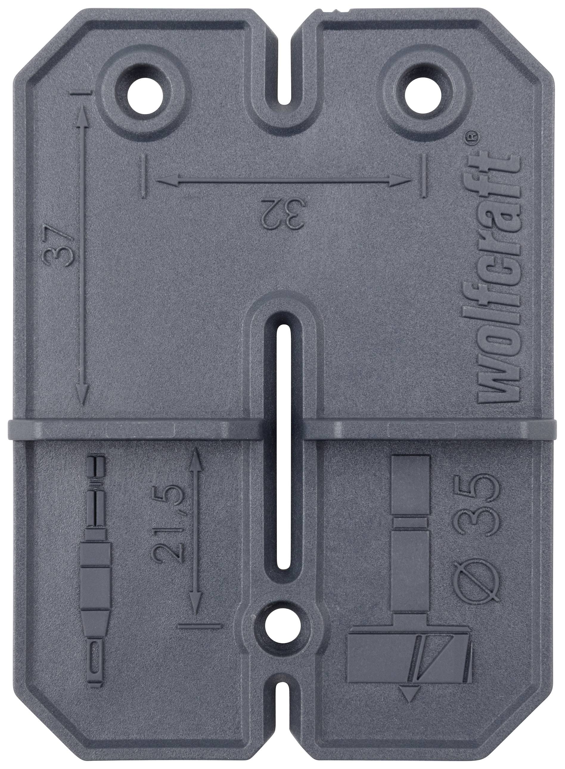 Drill template for wall plugs with dimensions and drilling instructions. Marked for 32mm, 37mm and Ø35mm holes. Wolfcraft branding.