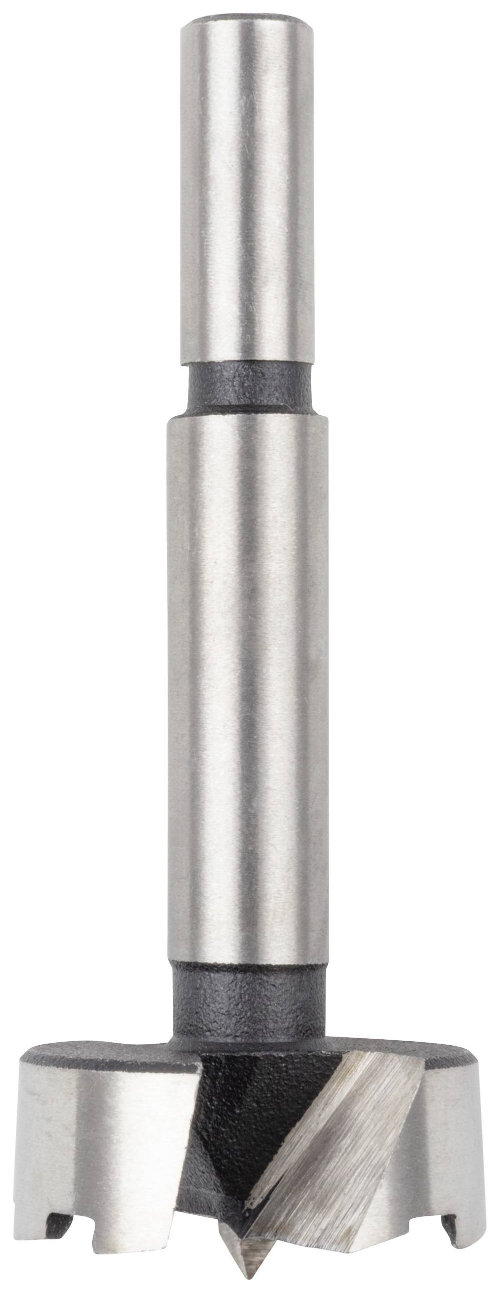 Metal Forstner bit with a flat shank and a sharp, circular cutting edge at the tip. Suitable for precise woodworking drilling.