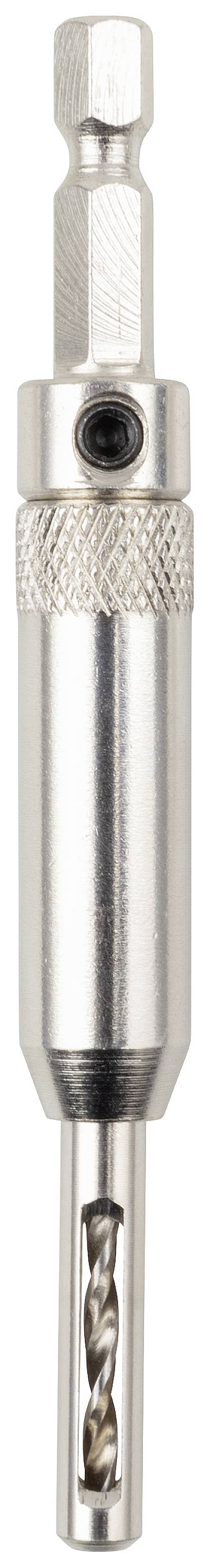A metal drill bit with a hexagonal shank and silver body, suitable for precise drilling in various materials.