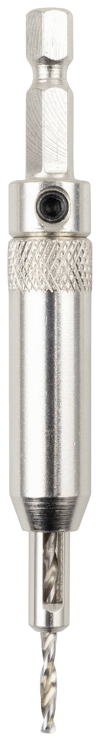 Silver countersink drill bit with hexagonal shank and cone drill, commonly used for drilling and countersinking in wood and metal.