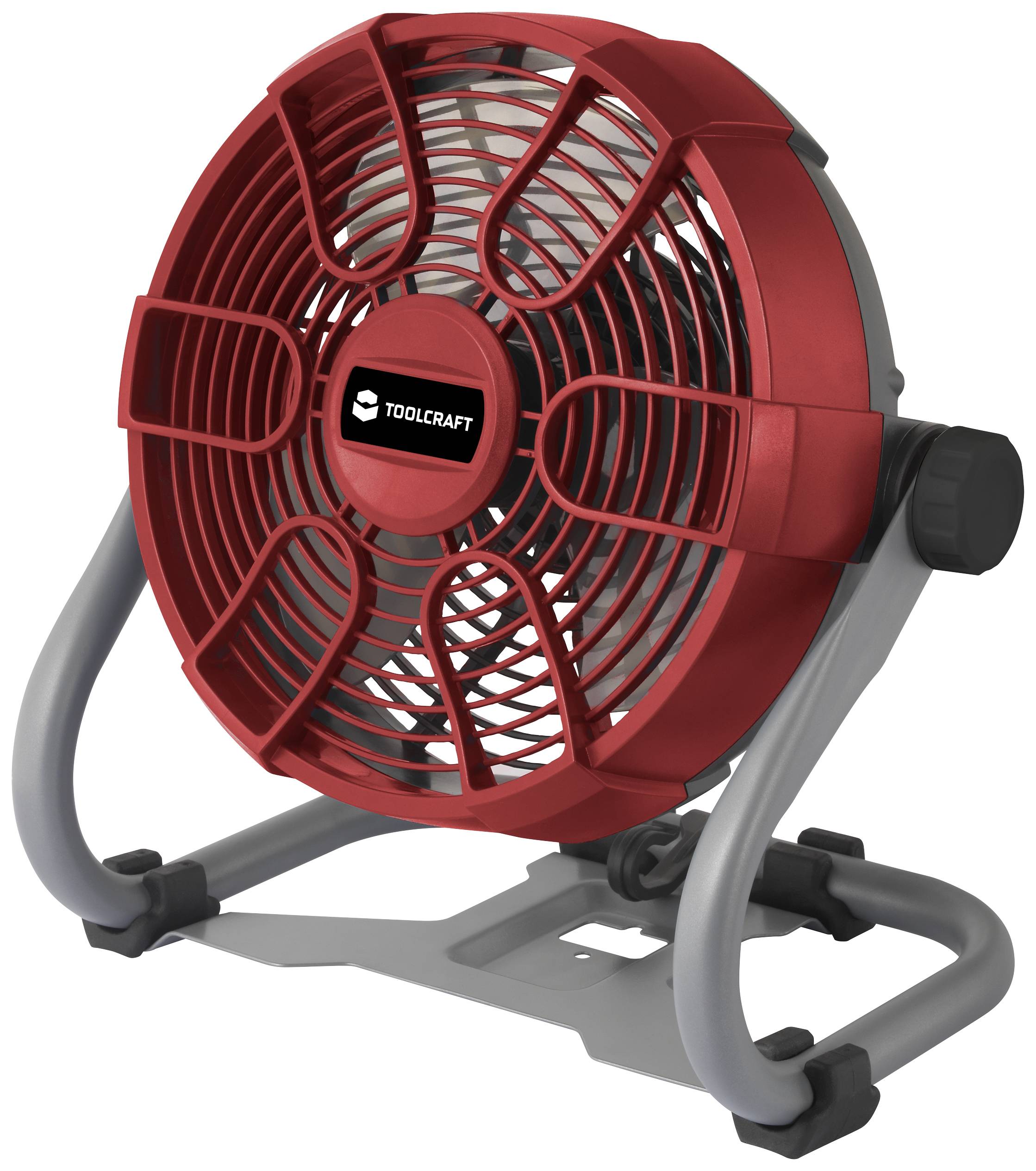 A red desk fan with a sturdy grey base and a black rotary control on the side.