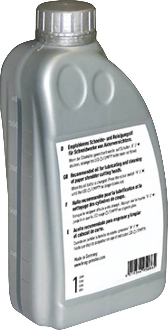 Grey plastic bottle with screw cap, containing cutting and cleaning oil for knitting machines. Label with product information.