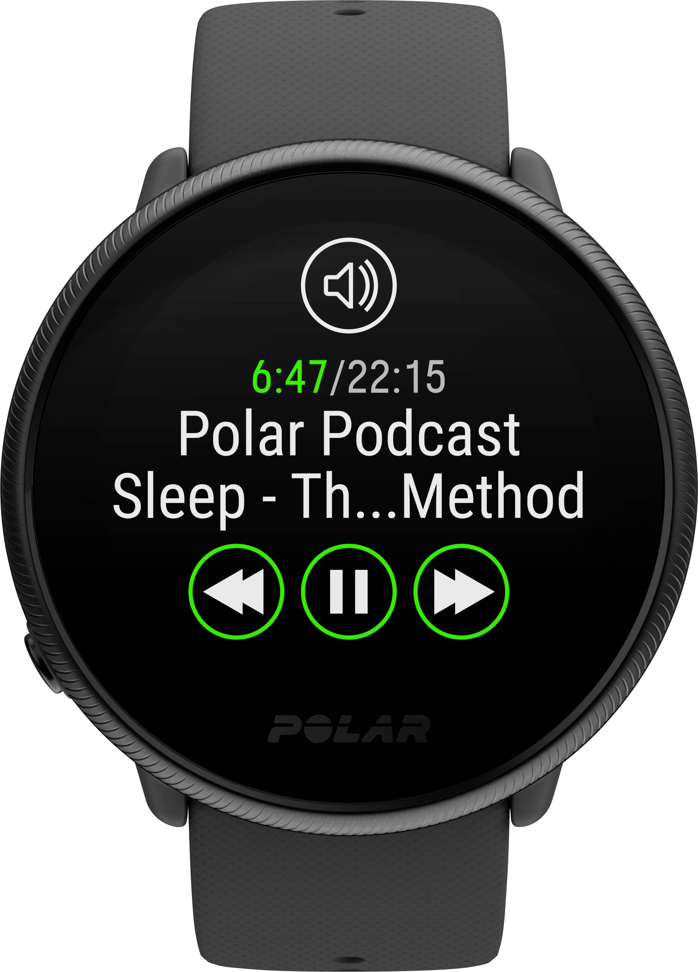 Smartwatch displays 'Polar Podcast Sleep - The Method' at 6:47 of 22:15, with buttons for play/pause and navigation.
