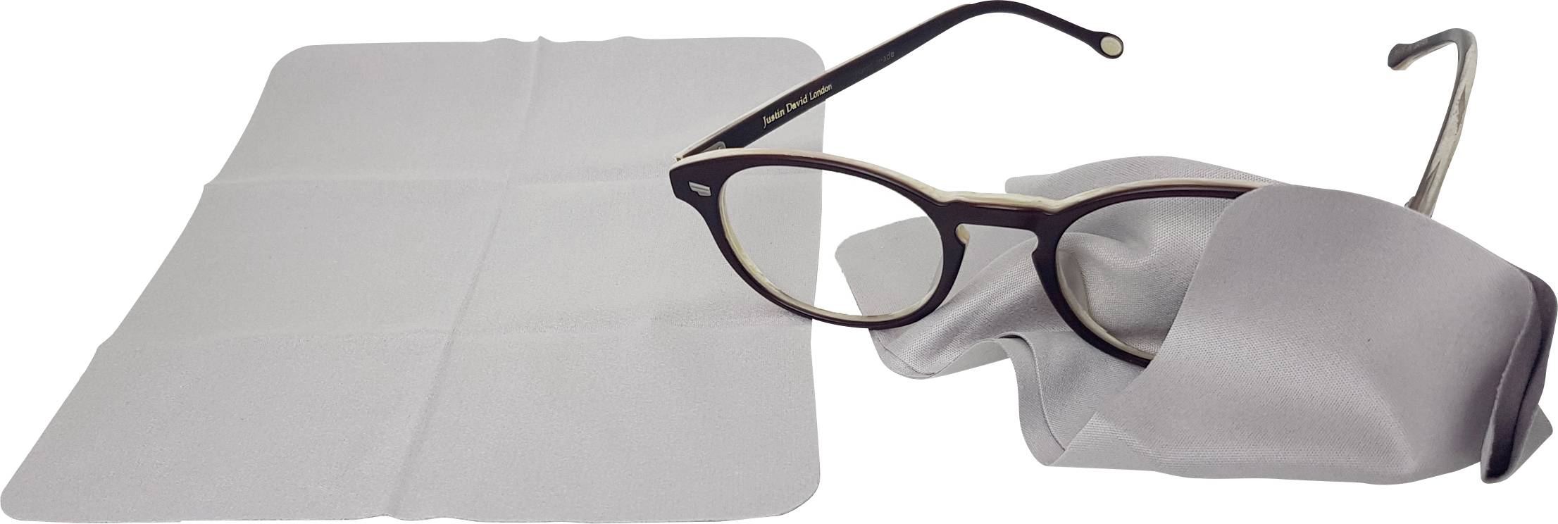 Glasses with a dark frame are being cleaned with an eyeglass cleaning cloth. A second cloth lies beside it.