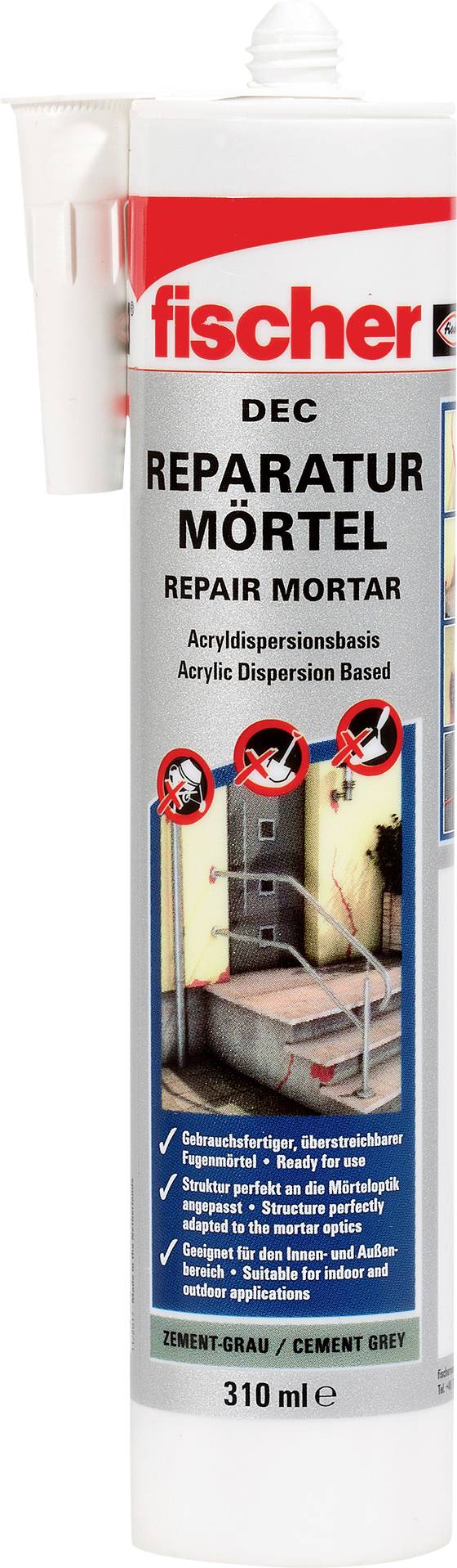 Fischer DEC Repair Mortar cartridge with acrylic dispersion, 310 ml, illustrated with application instructions for construction and repair work.