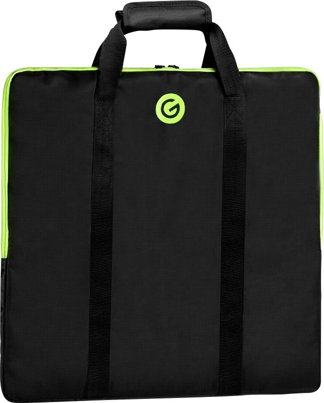 Black tote bag with two handles and a green trim; a round logo with a 'G' is featured on the front. Ideal for transporting equipment.