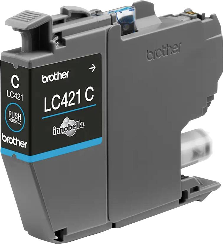 Grey Brother LC421C ink cartridge, viewed from the side, printed with a blue band and 'innobella' logo.