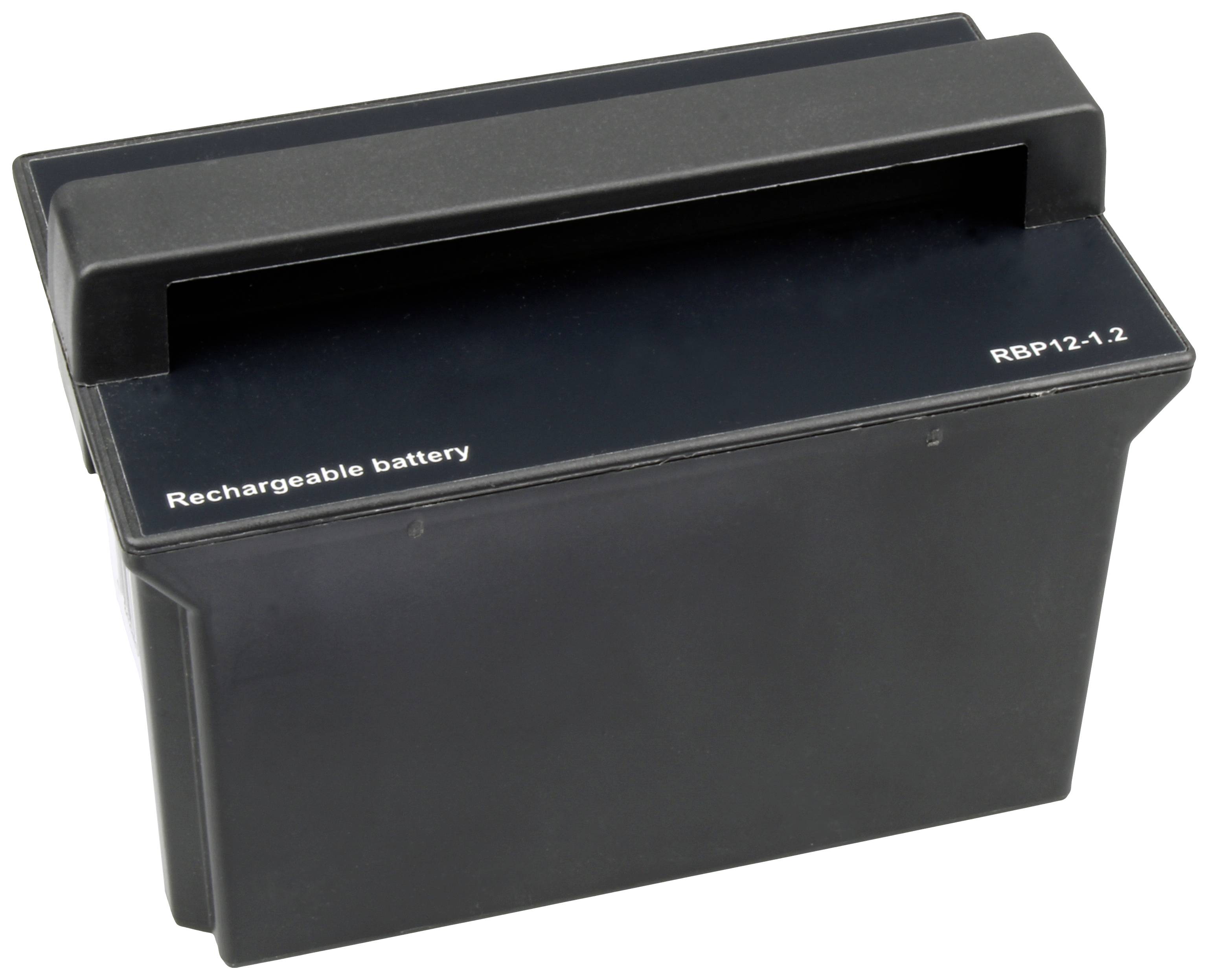 Rechargeable battery, black, rectangular in shape, marked with 'Rechargeable battery' and 'RBP12-1.2', against a white background.