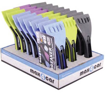 A display box of ice scrapers in various colours such as blue, green and grey, marked with 'max4car'.