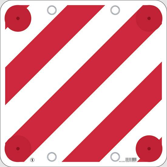 A square sign with a red and white diagonal striped pattern. It is used to mark protruding loads on vehicles.