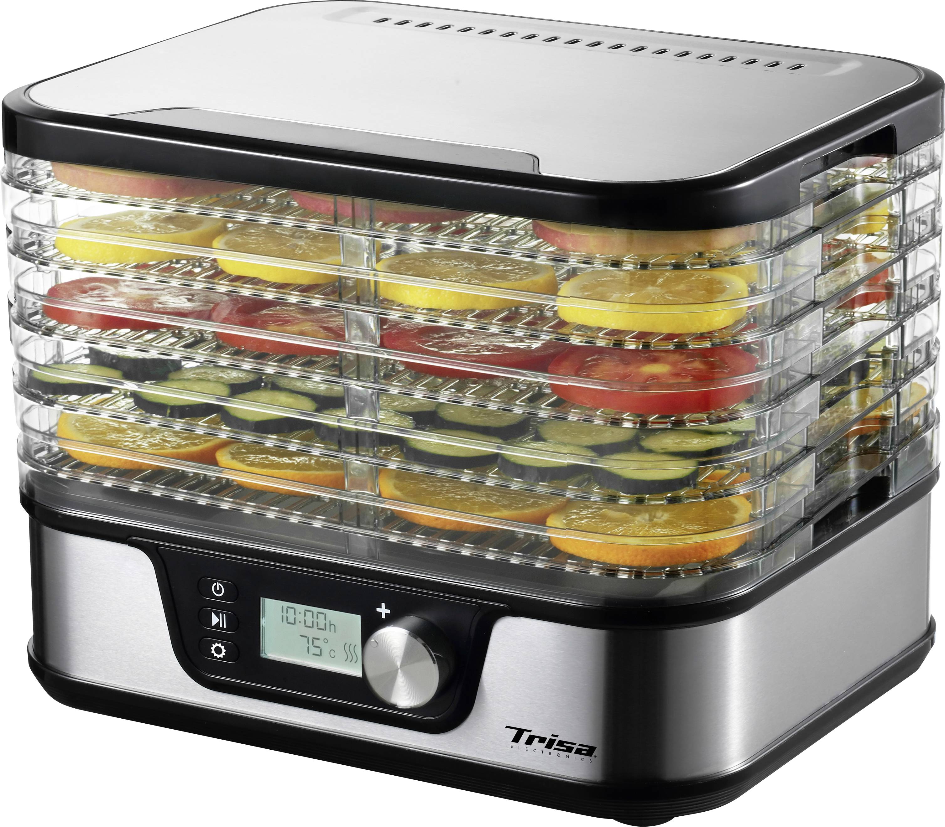 High-performance food dehydrator with six transparent shelves, filled with fruit slices. Digital display shows 10:00, 75°.