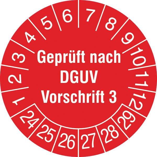 'Test label with the inscription: Tested in accordance with DGUV Regulation 3'. Red label with a number circle from 1 to 31.