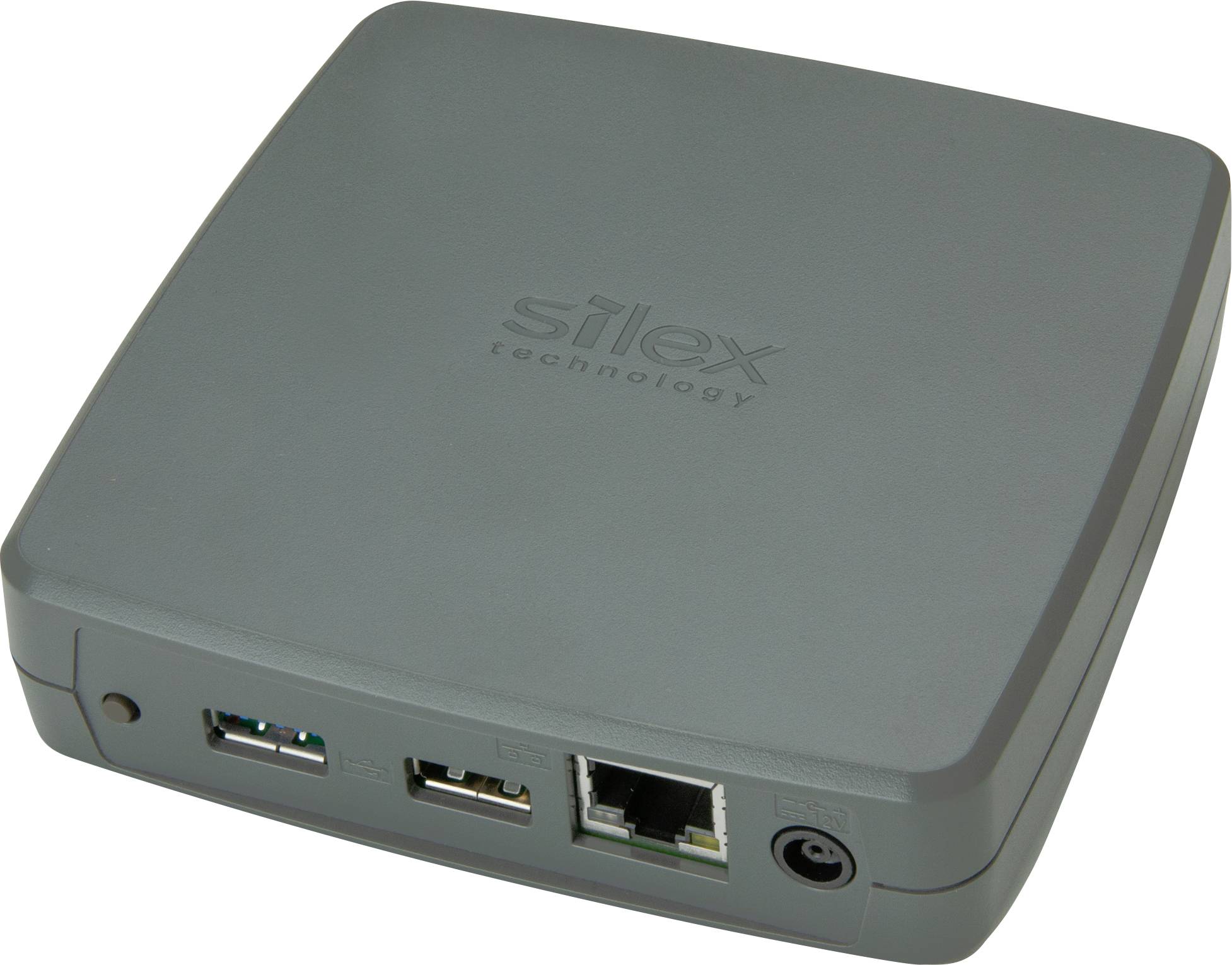A grey network adapter with USB and Ethernet ports, with 'Silex Technology' printed on the top.