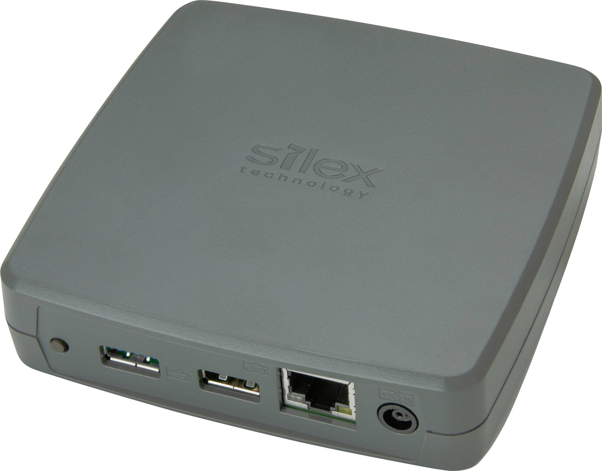A grey network adapter with 'silex technology' printed on it, equipped with two USB ports, an Ethernet port, and a power connection.