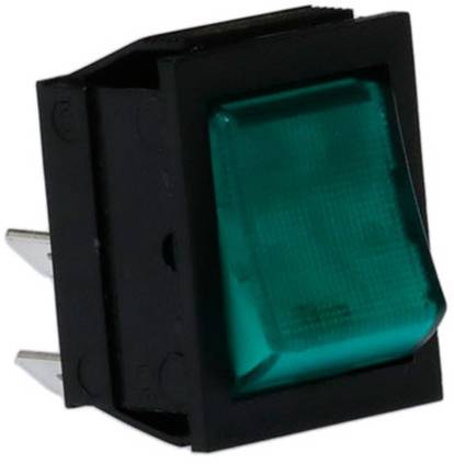 A rectangular green rocker switch with a black frame and visible metal prongs, likely used for electronic devices.
