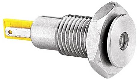 A close-up of a metal hexagonal bolt with a threaded shaft and a yellow plastic tip extending outward.