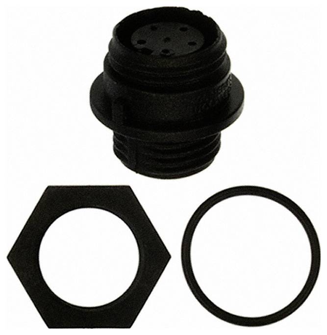 A black circular connector with a hexagonal mounting nut and O-ring, typically used for electronic or electrical connections.