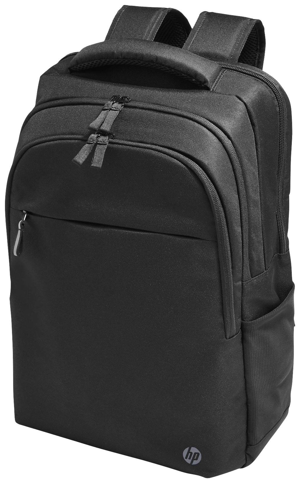 A black rucksack with multiple zip compartments and a side mesh pocket, ideal for carrying laptops and accessories.