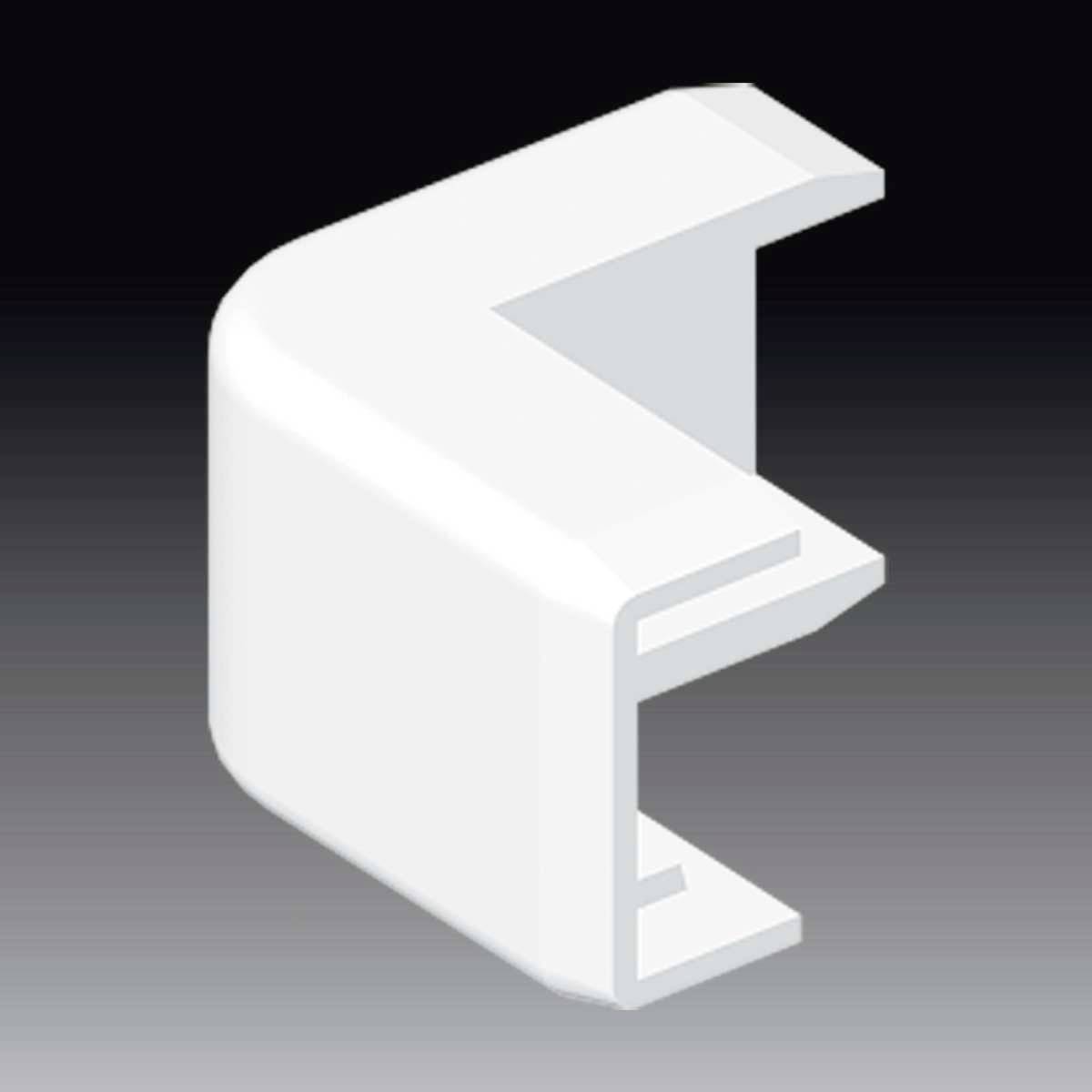 3D rendering of a white, right-angled corner connector for cable trunking on a black background.