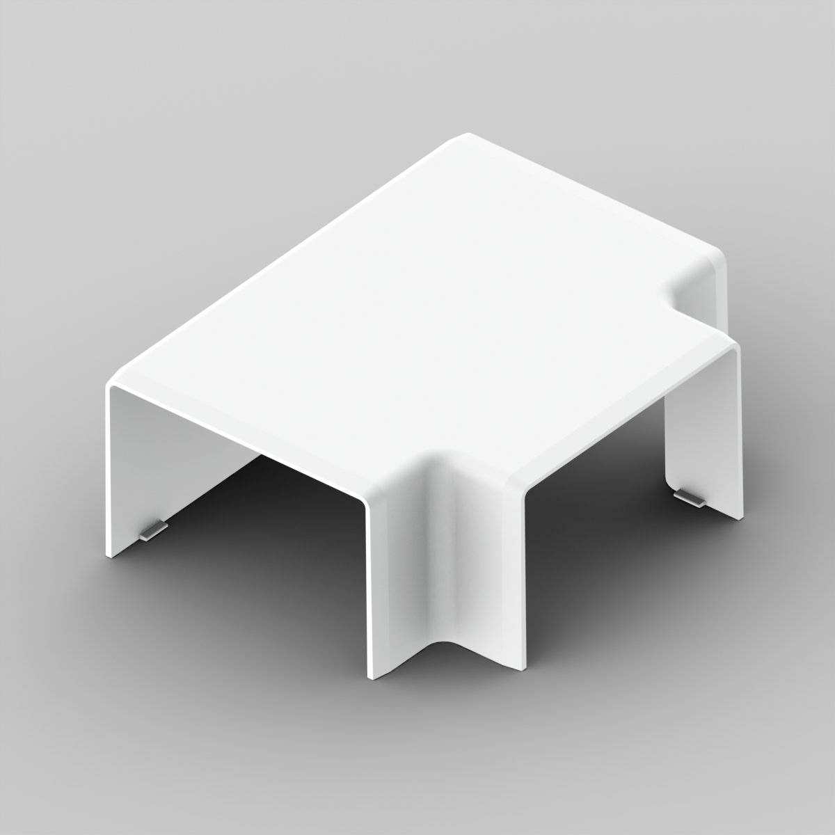 A white plastic angle bracket for cable concealment on a grey background.