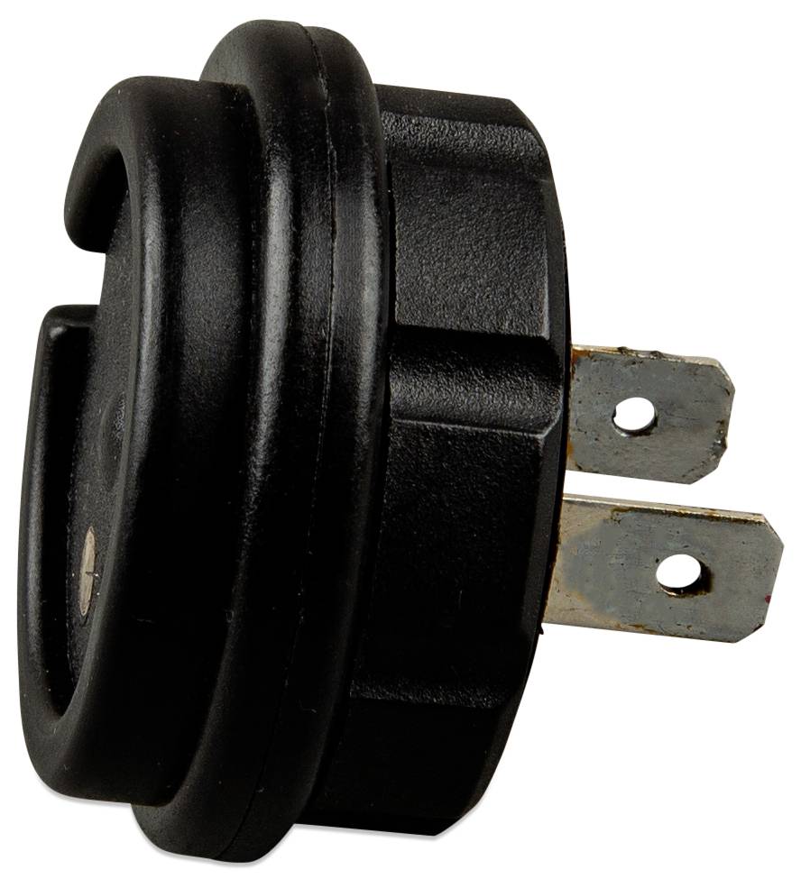 A black grounding plug adapter with two metallic prongs is shown, used for connecting devices to electrical outlets safely.