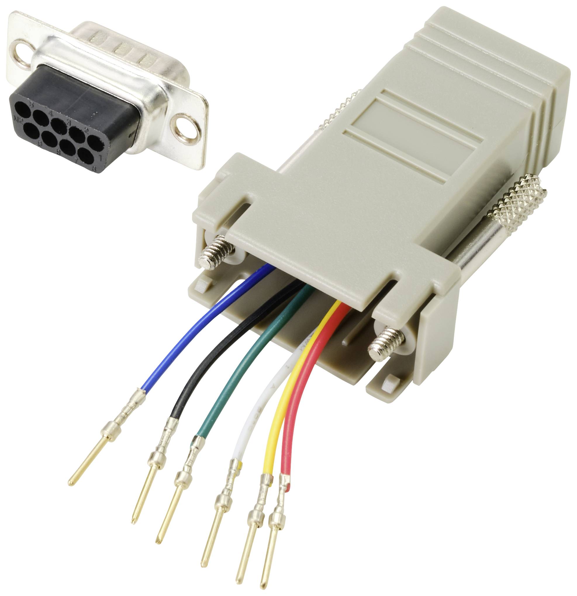 A grey adapter with extended, colour-coded cables (black, green, yellow, white, red, blue) and a silver connector.