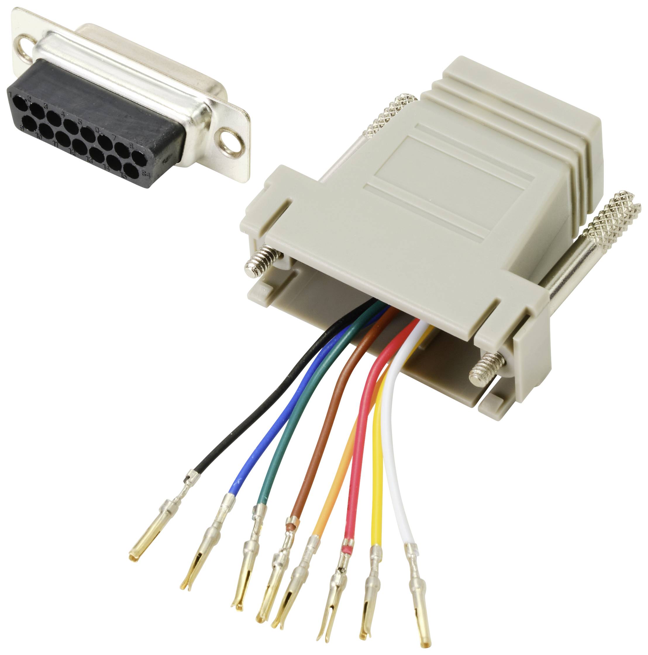 DB9 connector and socket with exposed wires in various colours, ready for wiring.