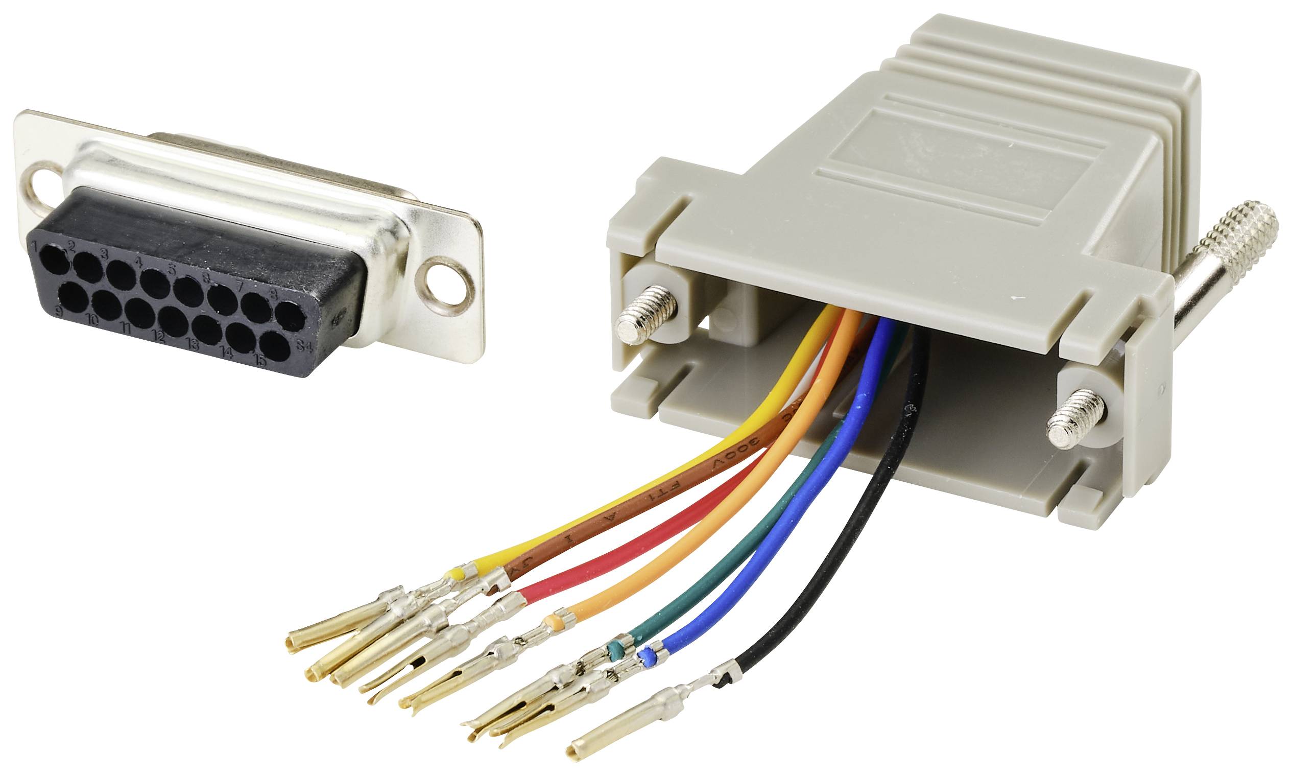 DB15 connection plug and opened adapter with coloured cables and gold-plated pins