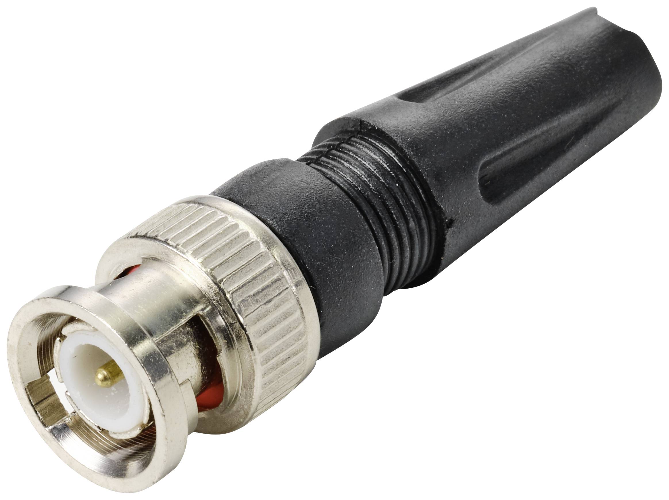 BNC socket with a black plastic housing and metallic connector, commonly used for coaxial cables and video applications.
