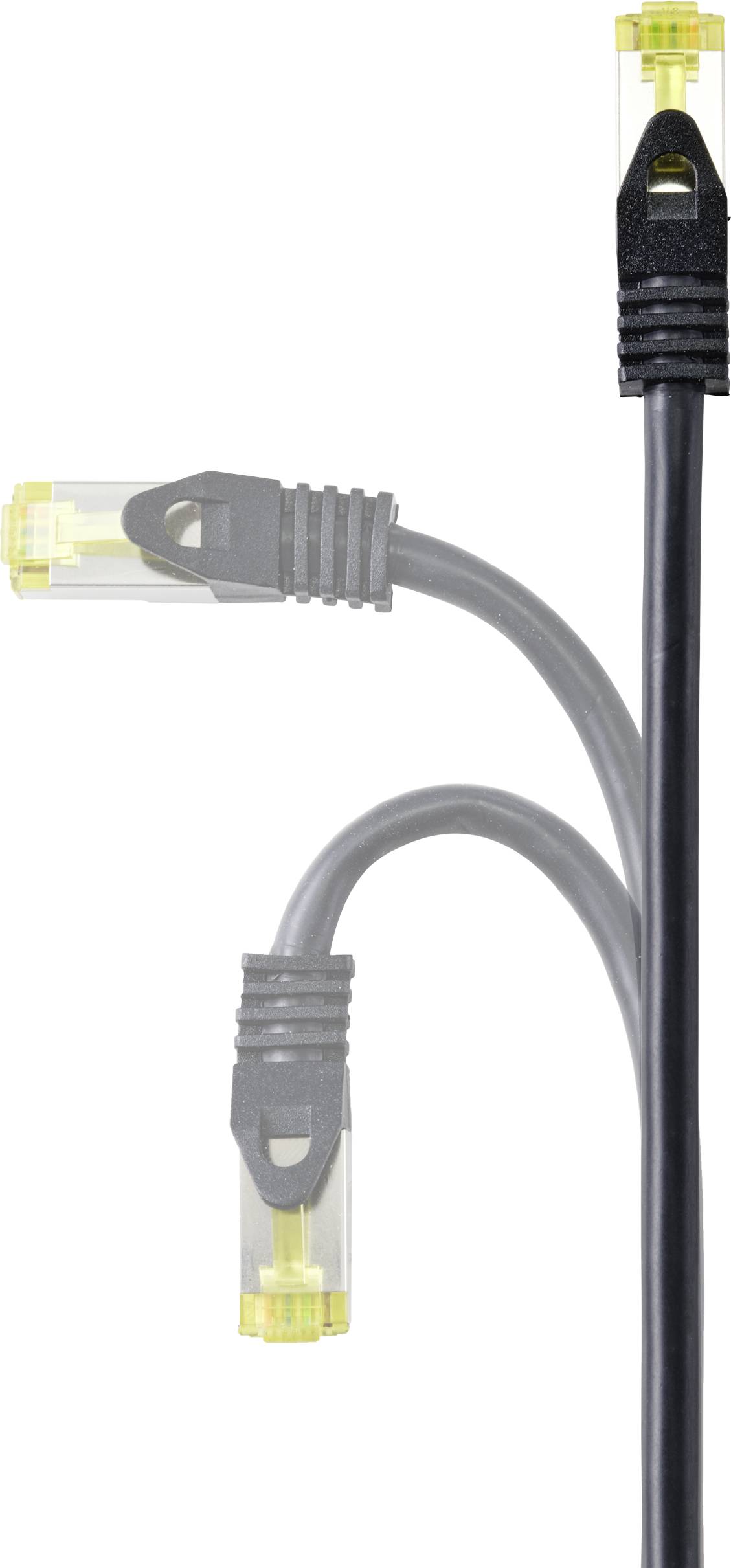 A black network cable with a yellow plug that divides into three sections. It is displayed in a vertical arrangement.