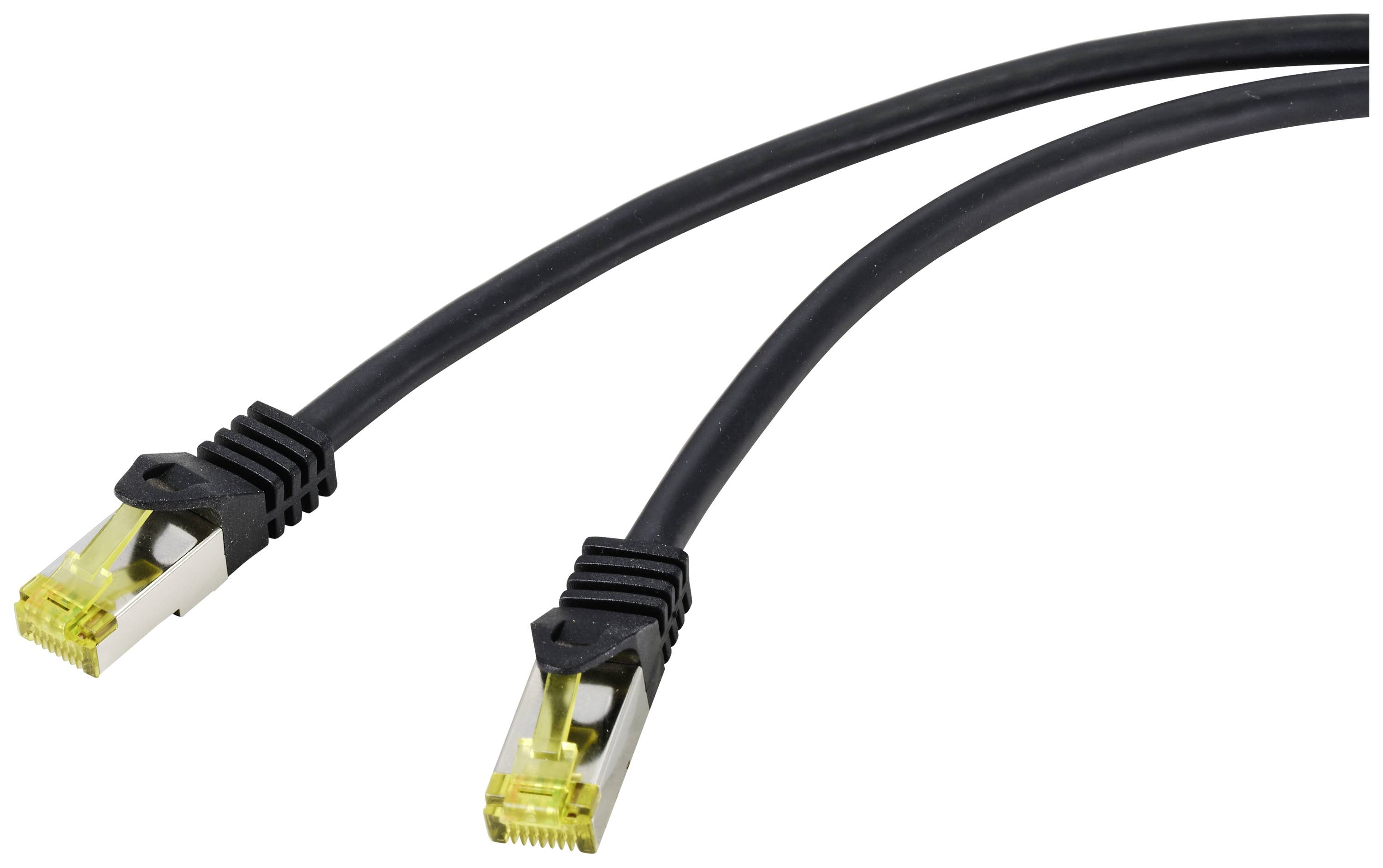 Two black Ethernet cables with yellow connectors, lying side by side.