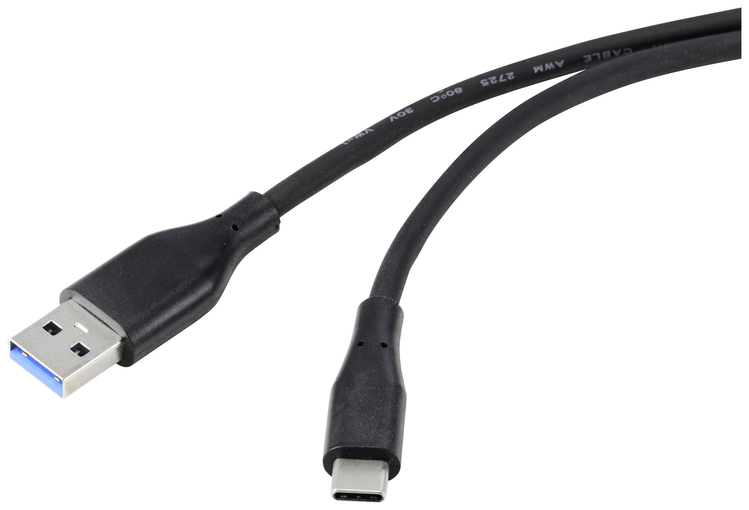 Black USB cable with USB-A and USB-C connector ends.