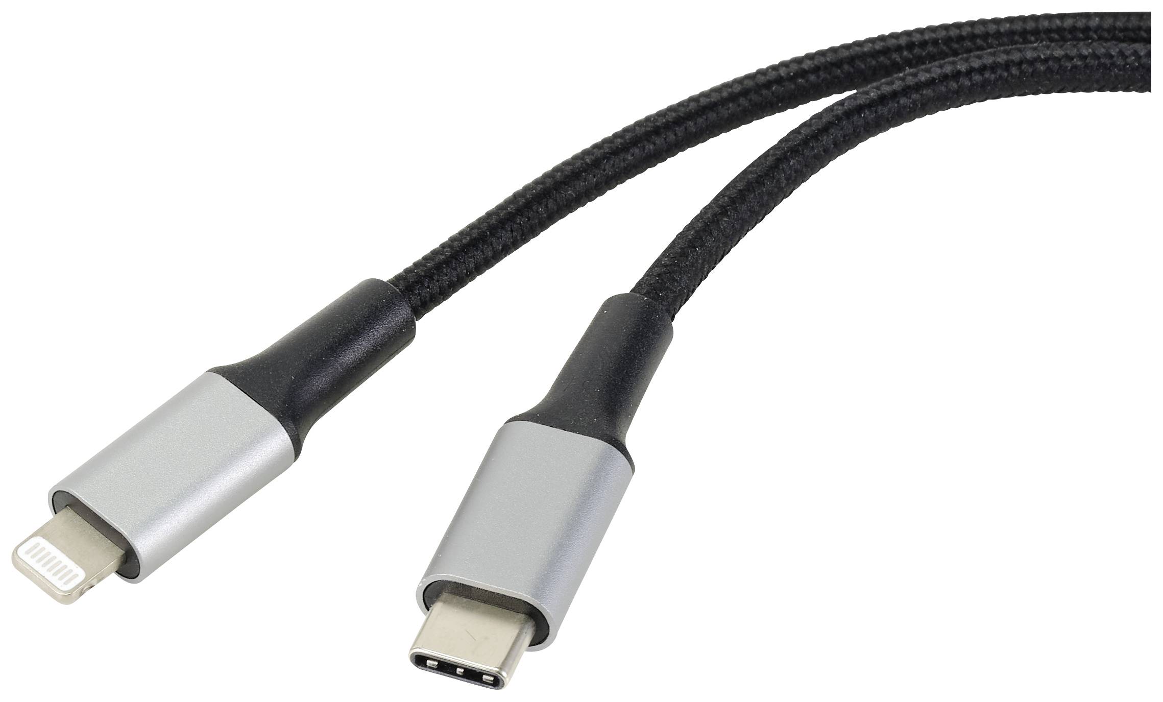 USB-C and Lightning cables with black insulation and silver connectors.