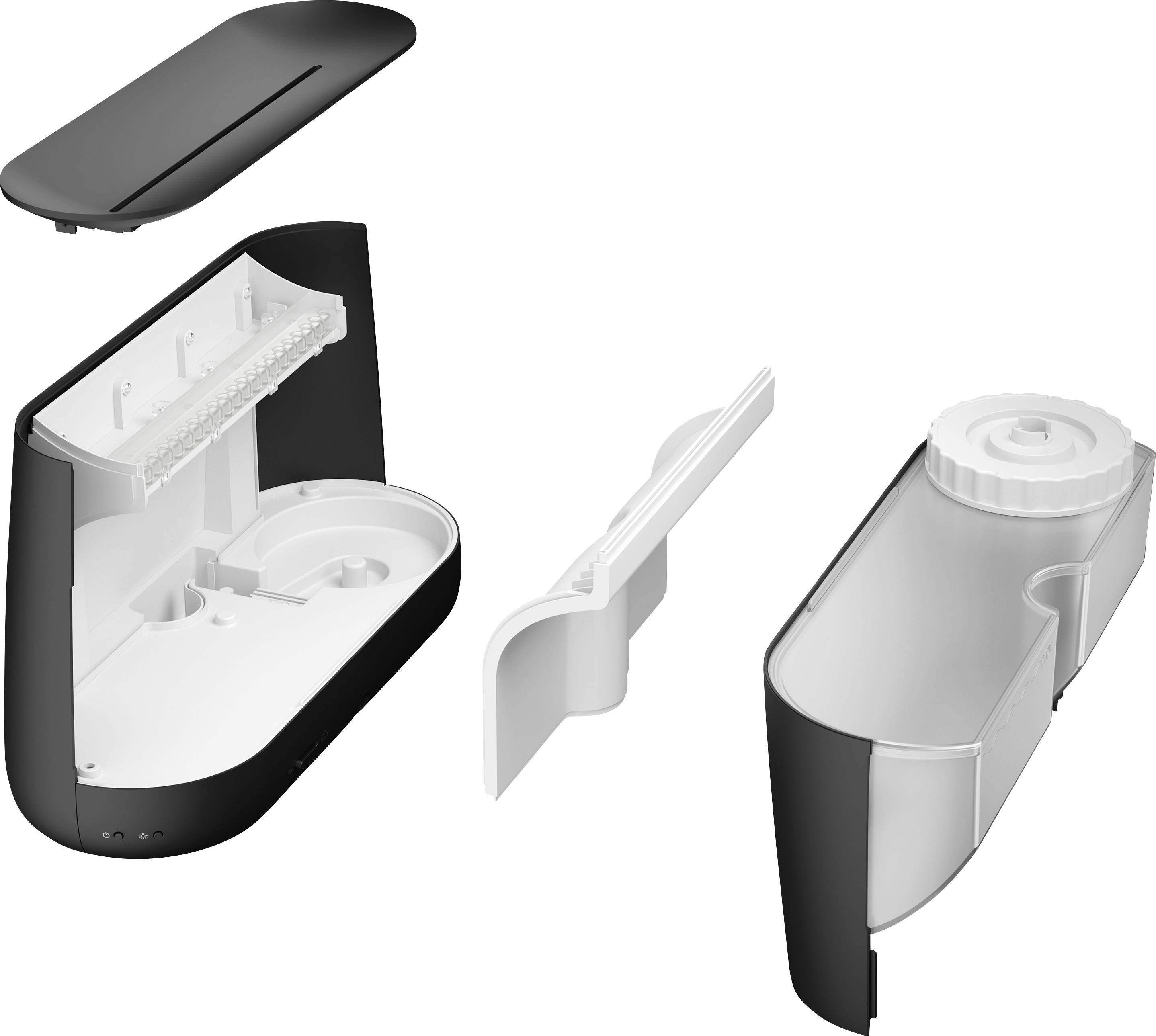 Exploded diagram of an electrical device with removable parts, including cover and main housing. Shows internal components.