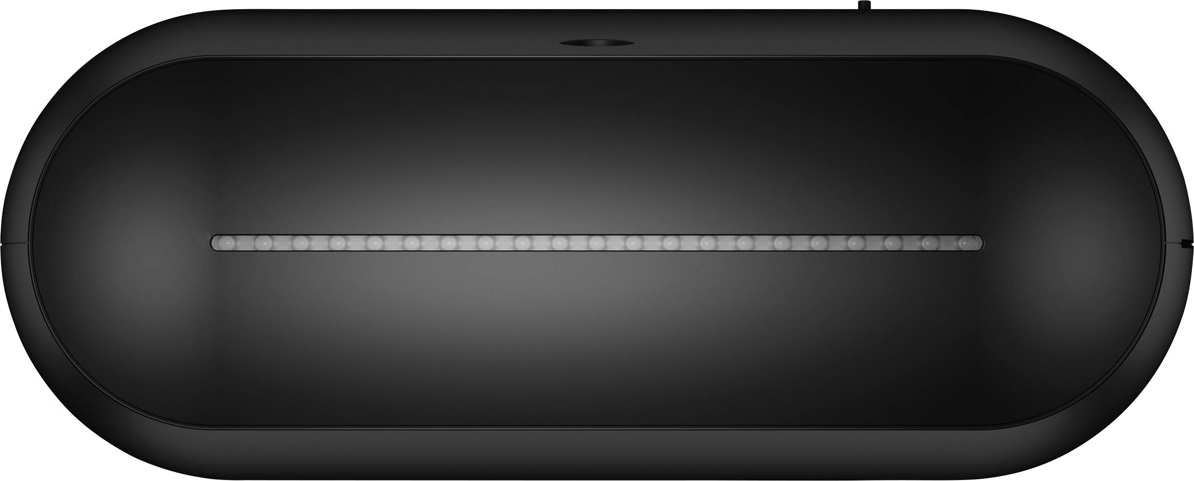 A black, oval speaker with a central speaker grille, modern design, suitable for high-quality audio reproduction.