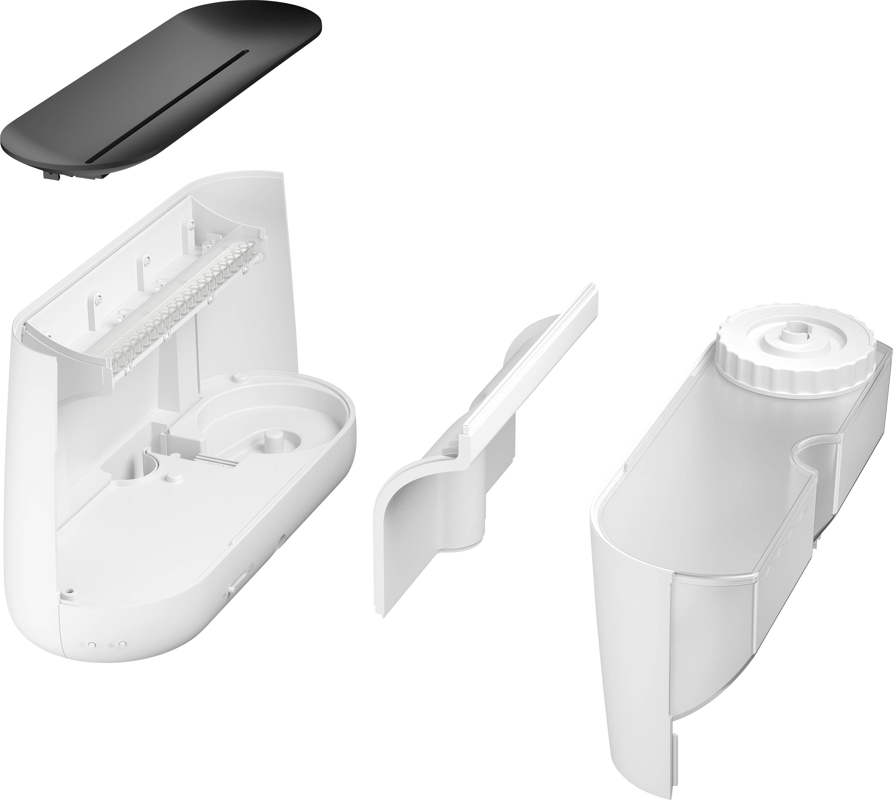 White device with several detached components, including a cover and internal compartments, shows technical construction.