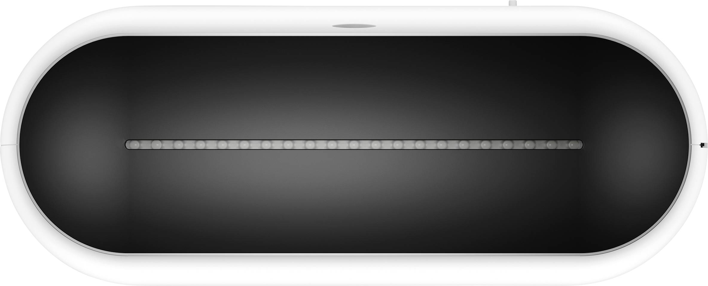 An oval, black NFT artwork in a white, minimalist frame, digitally illuminated.