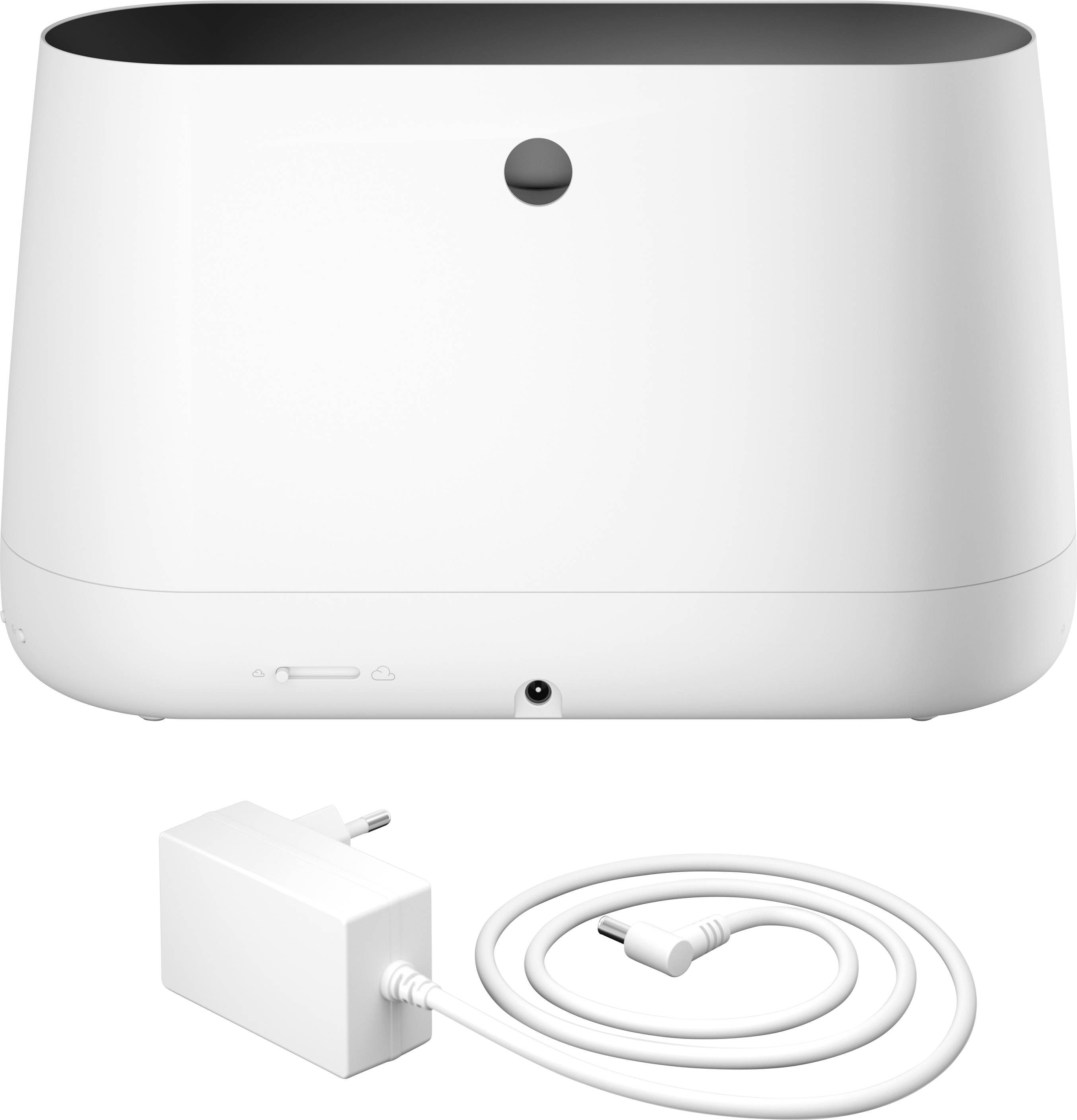 A white air humidifier with a rounded design and cable. The upper part has an opening for water vapour. The charger is positioned in front of it.