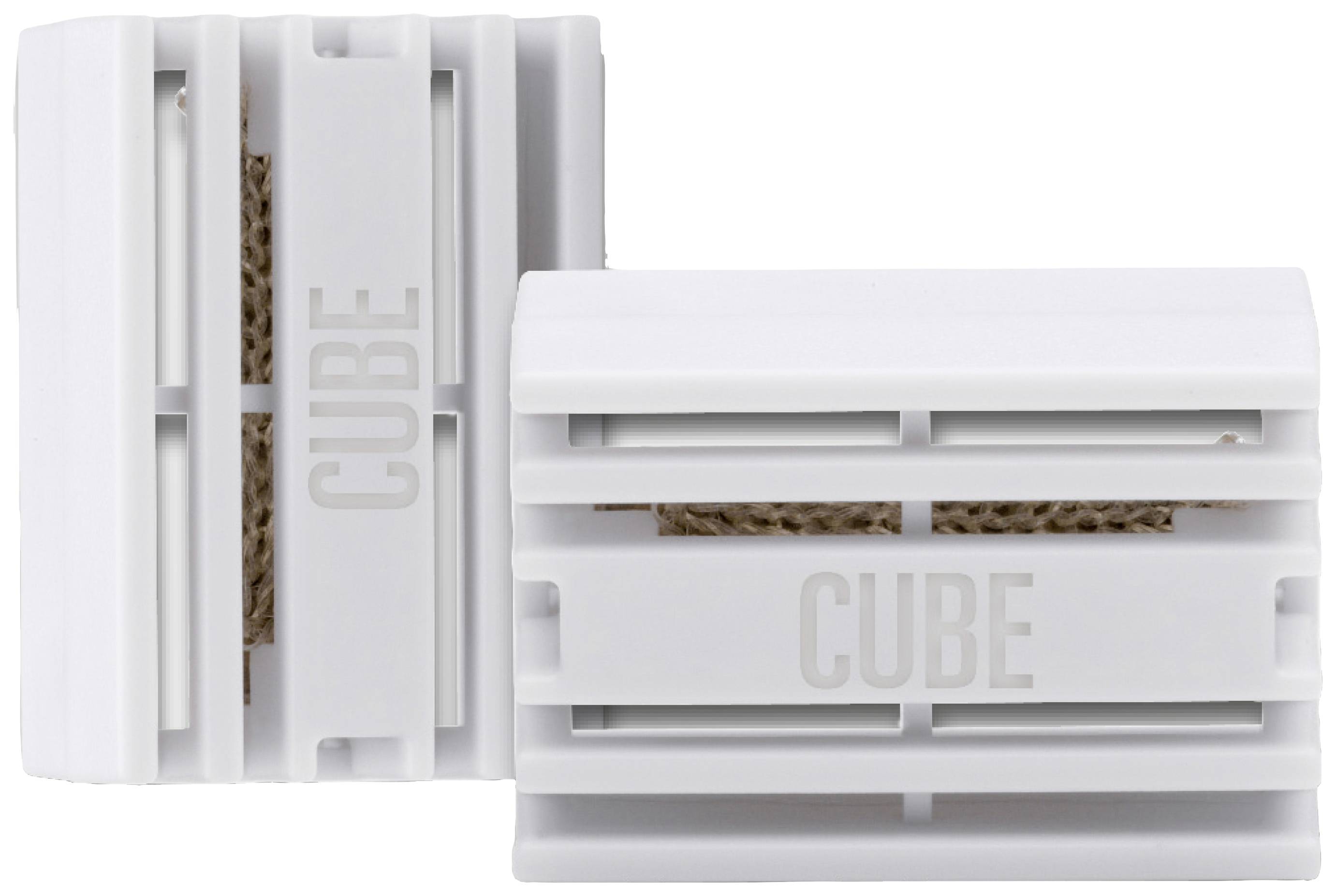 Two white rectangular cubes with vertical slits; one cube is slightly tilted forwards. They have 'CUBE' printed on them.