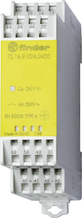 'Relay module Finder 7S.16.9.024.0420, UN 24V, 6A 250V~, EN 50205 Type A, Manufactured in EU-01, C45' with yellow label and terminals.