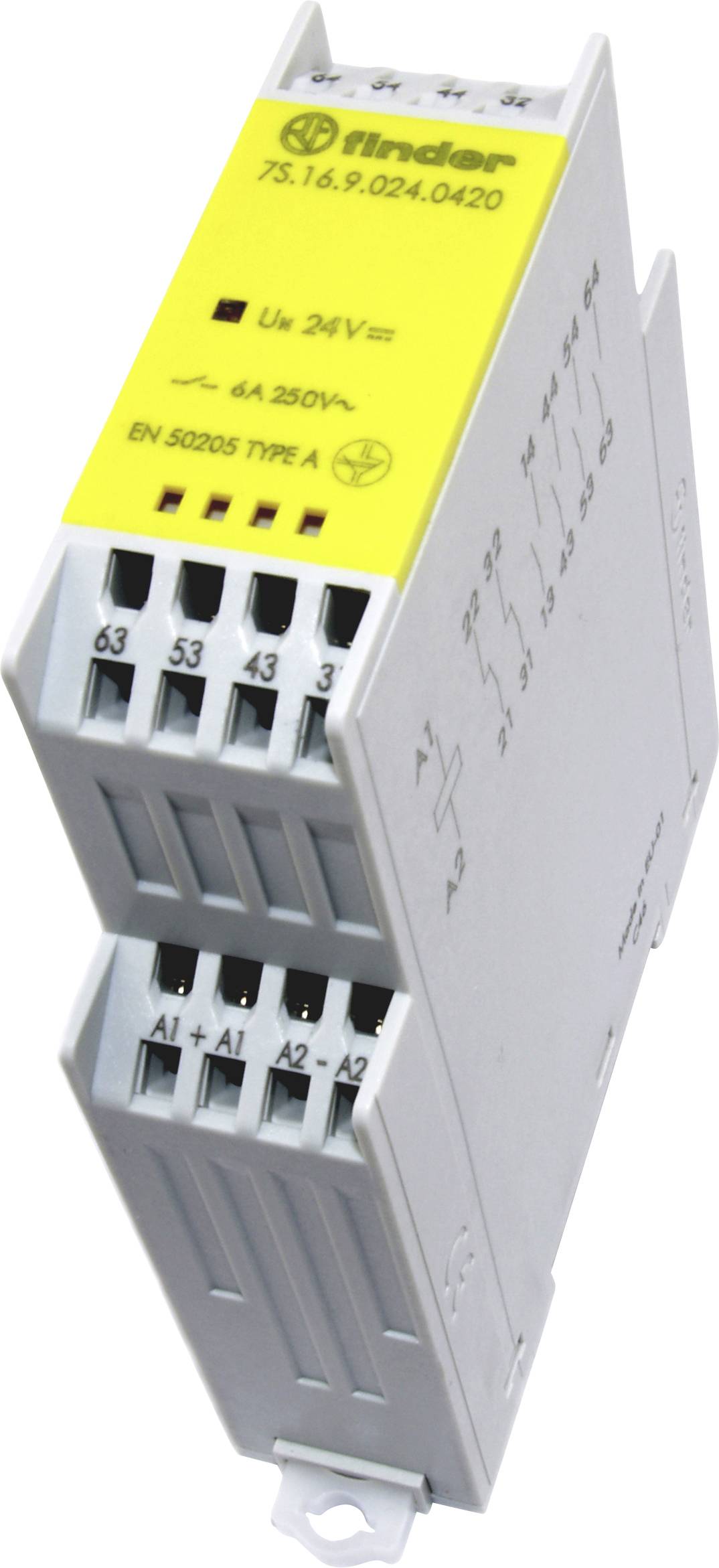 A yellow relay with inscription 'finder 75.16.9.024.0420' for 24V DC, 4A 250V AC. Device with multiple plug connections.