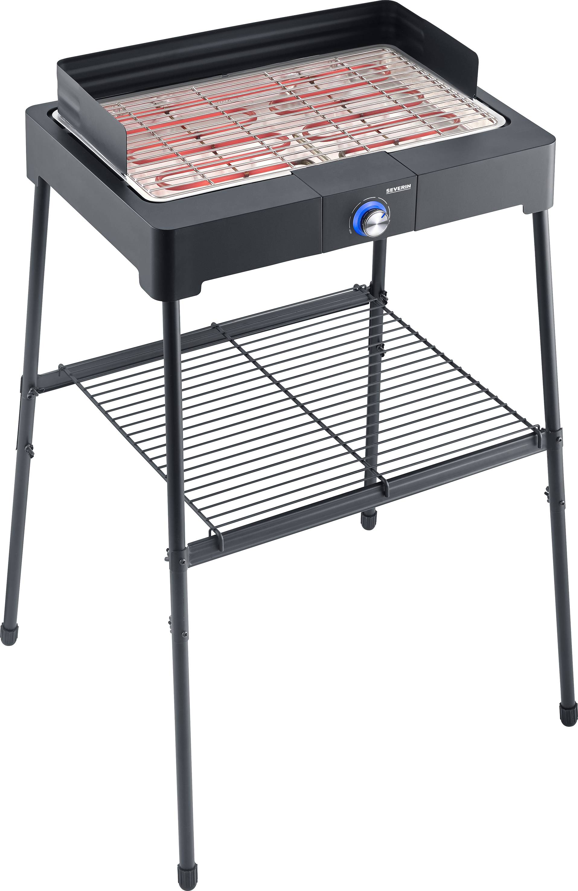 Electric barbecue with grill and blue control wheel, mounted on a four-legged stand with a lower storage shelf, suitable for outdoor use.